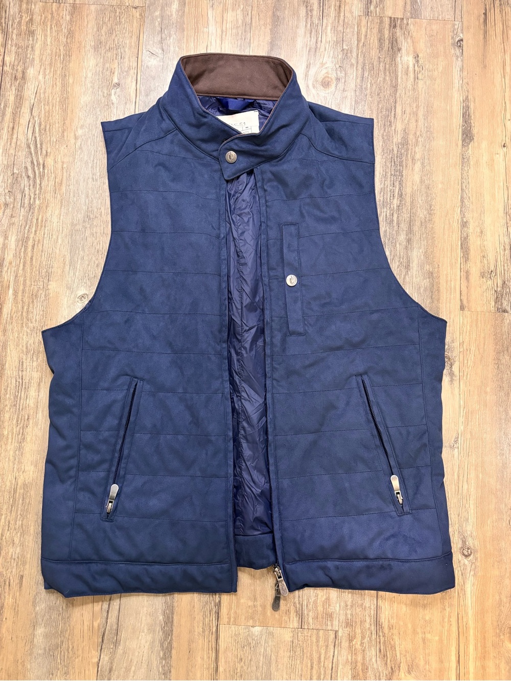 Rye 51 Men's Quilted Micro Suede Navy Vest with Brown Suede Collar NWT